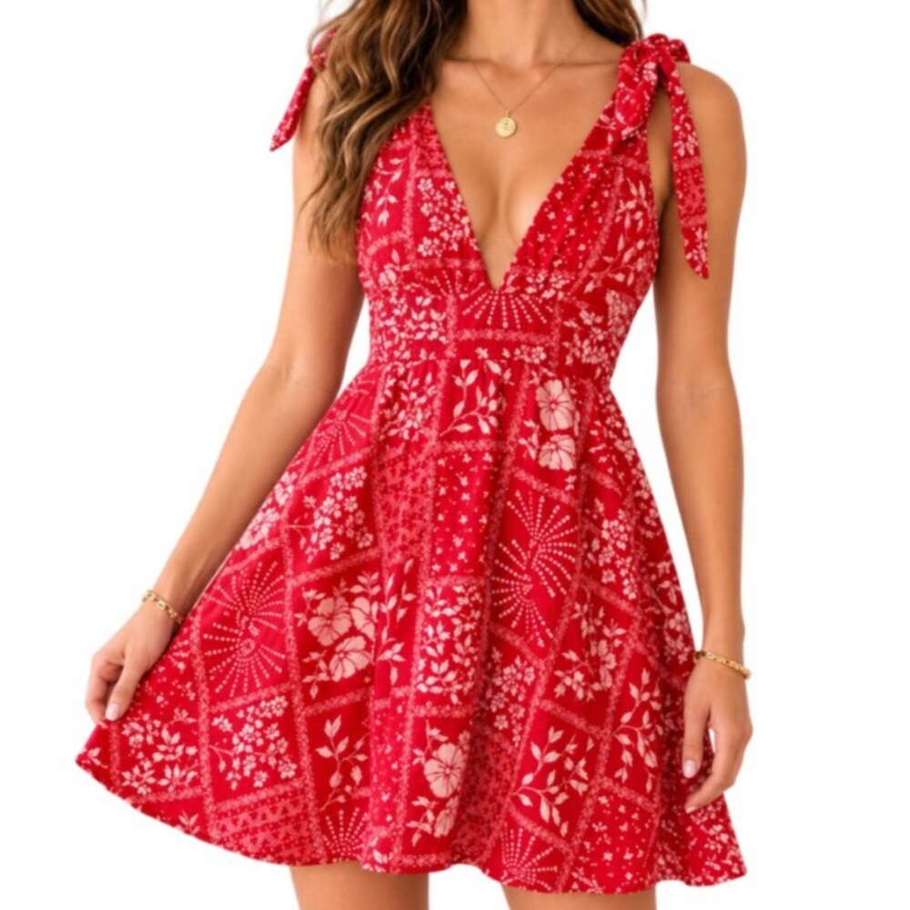 HOUSE OF HARLOW 1960 Red Linen Bandana Print Fit and Flare Mini Dress Size Small